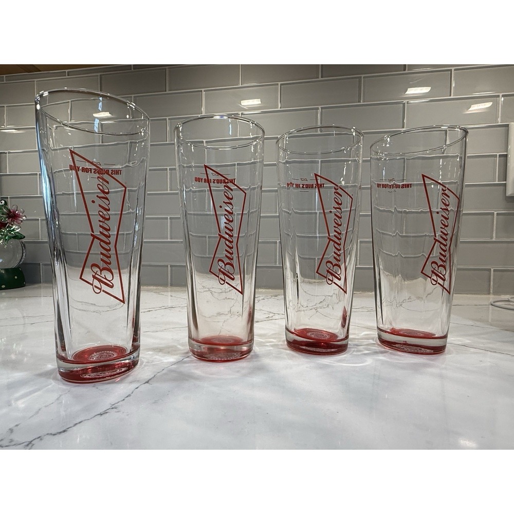 Vintage BUDWEISER This Buds for You 7inch Beer Glass Red Bottom 16oz Set of 4